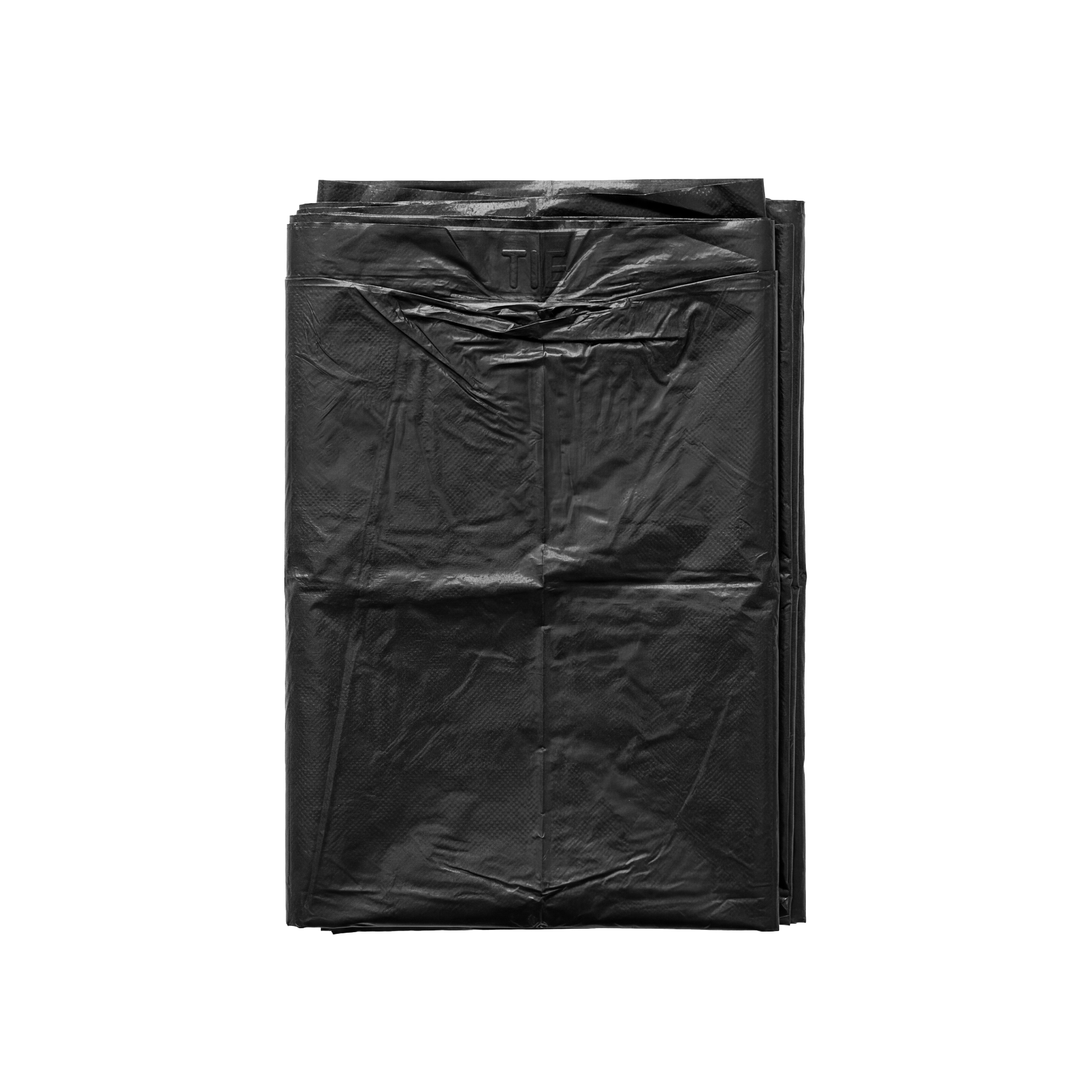 A black polyethylene trash bag, folded and tied.